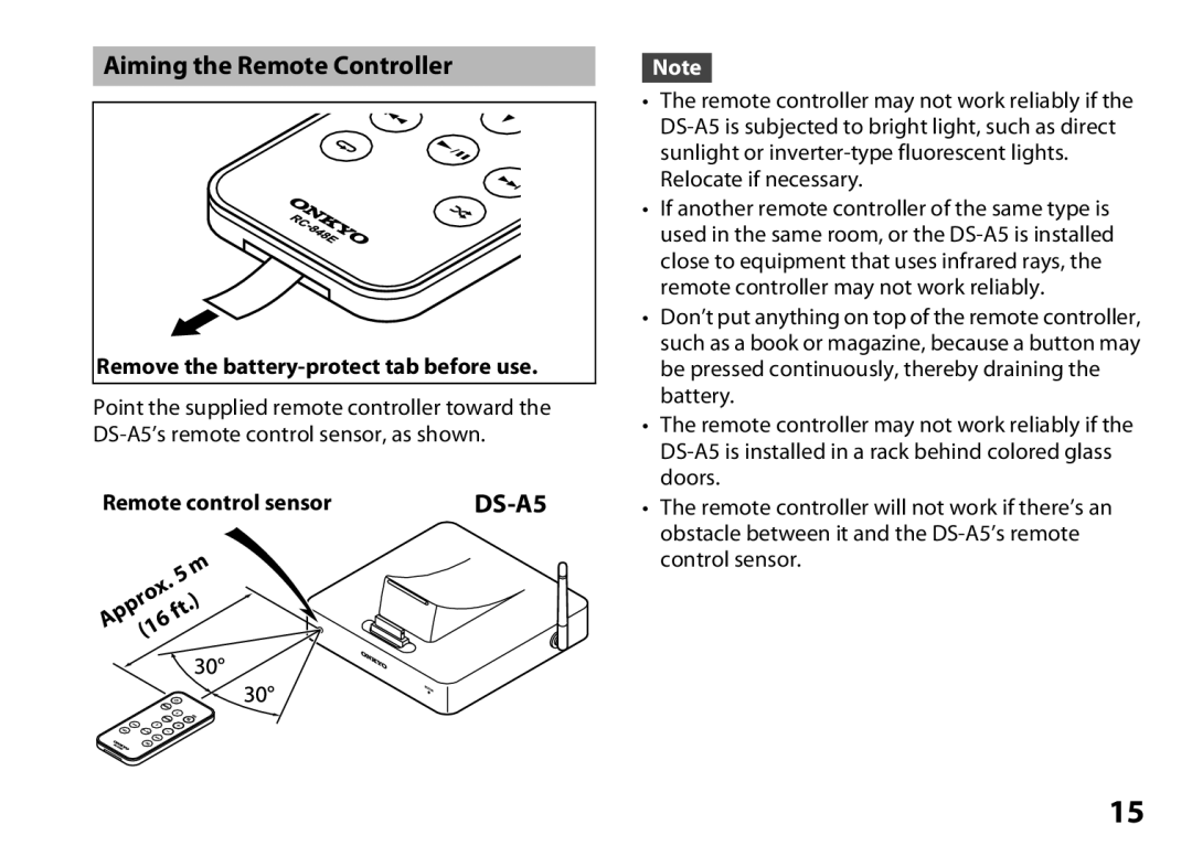 Onkyo DS-A5 instruction manual Aiming the Remote Controller, Remove the battery-protect tab before use 