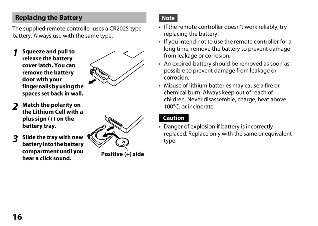 Onkyo DS-A5 instruction manual Replacing the Battery, Hear a click sound 