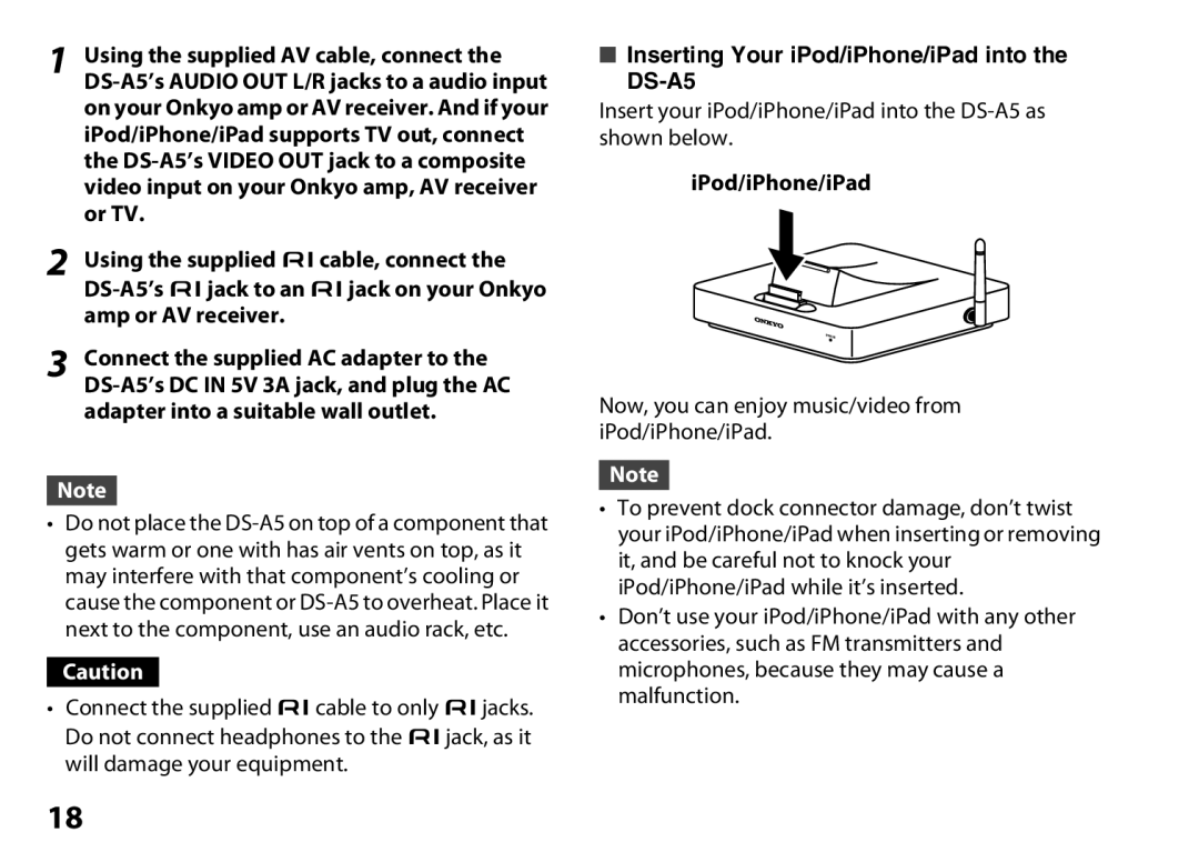 Onkyo instruction manual Inserting Your iPod/iPhone/iPad into the DS-A5, IPod/iPhone/iPad 