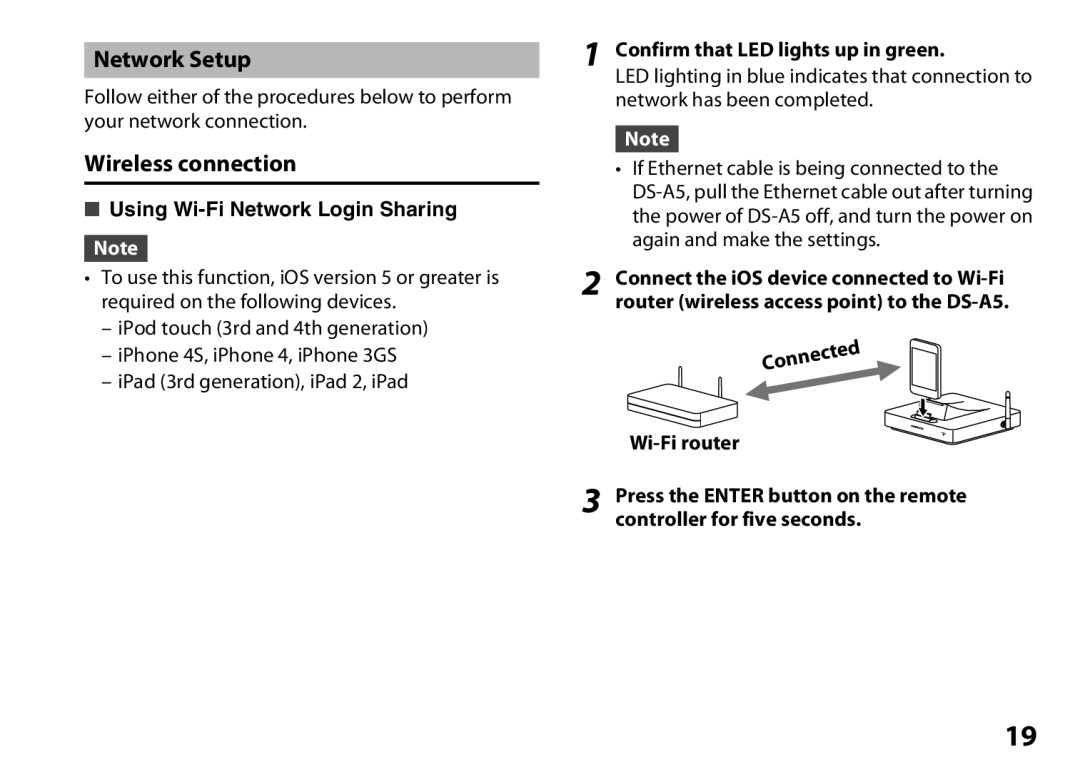 Onkyo DS-A5 Network Setup, Wireless connection, Using Wi-Fi Network Login Sharing, Confirm that LED lights up in green 