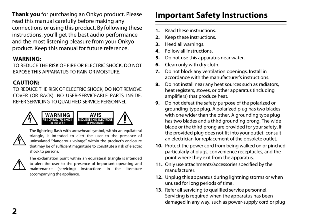 Onkyo DS-A5 instruction manual Important Safety Instructions, Avis 