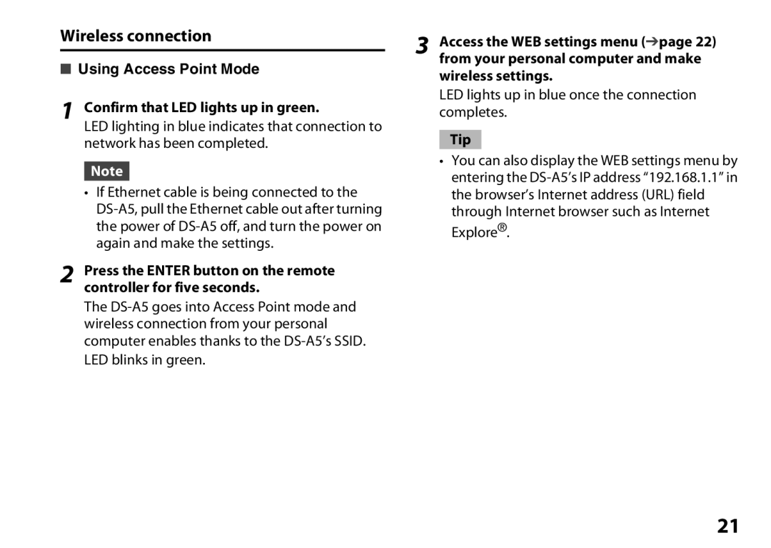 Onkyo DS-A5 instruction manual Using Access Point Mode Confirm that LED lights up in green, Tip 