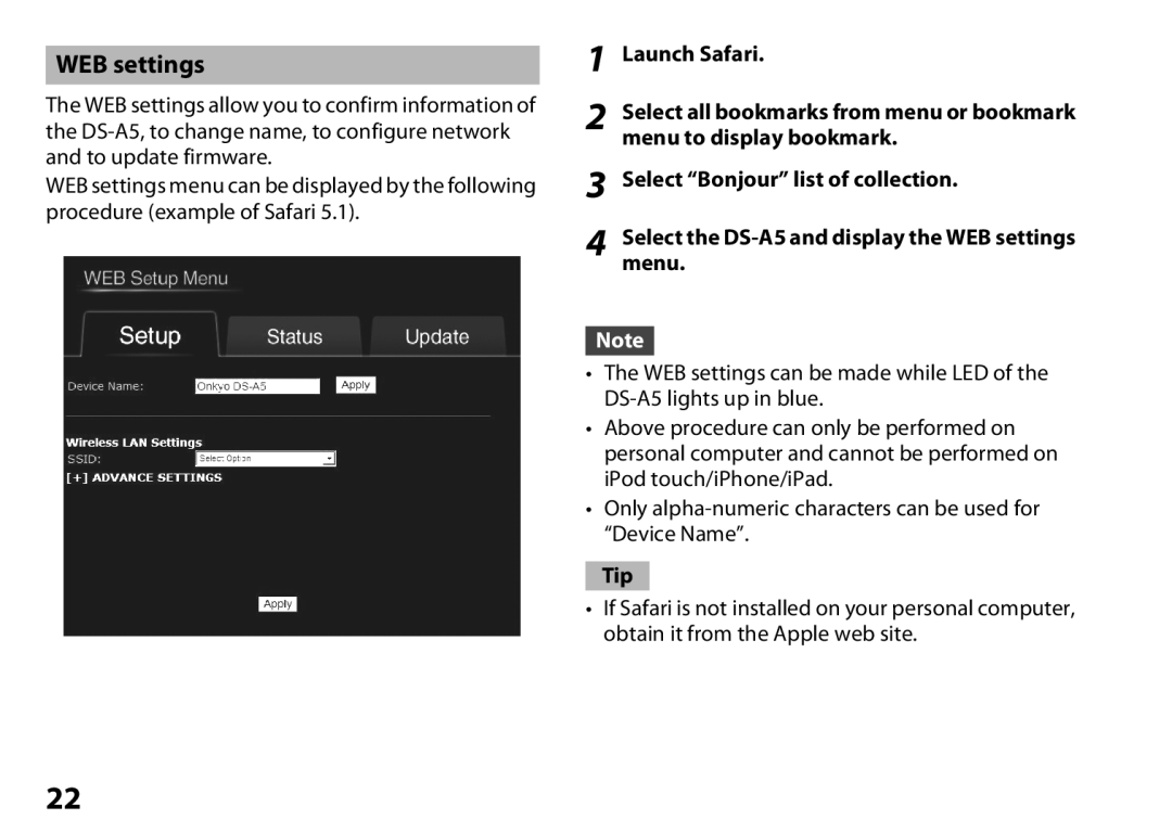 Onkyo DS-A5 instruction manual WEB settings 