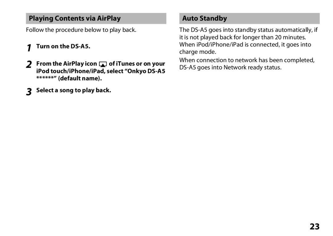 Onkyo DS-A5 instruction manual Playing Contents via AirPlay, Auto Standby 