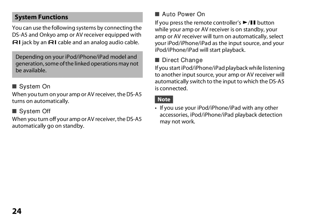 Onkyo DS-A5 instruction manual System Functions, System On, System Off, Auto Power On, Direct Change 