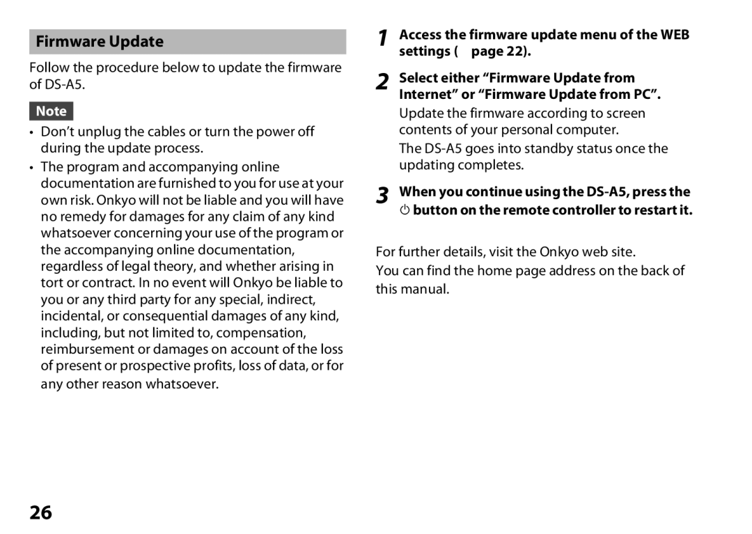 Onkyo DS-A5 instruction manual Firmware Update, Access the firmware update menu of the WEB settings 