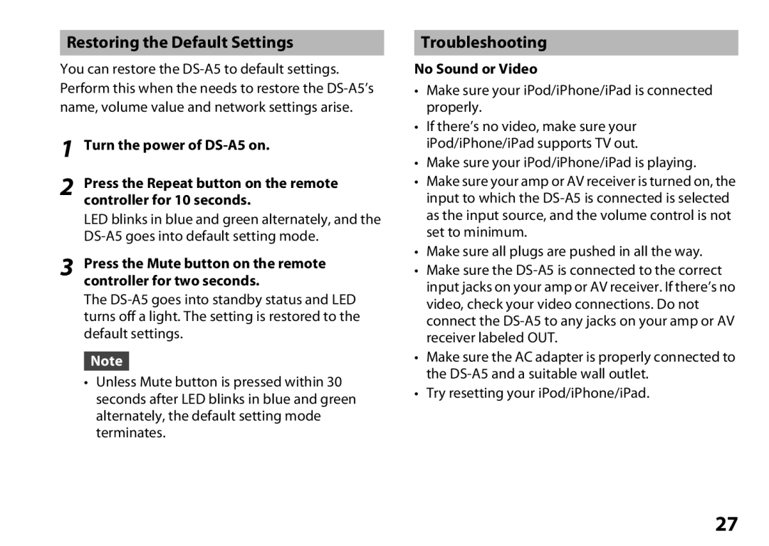 Onkyo DS-A5 instruction manual Restoring the Default Settings, Troubleshooting, No Sound or Video 