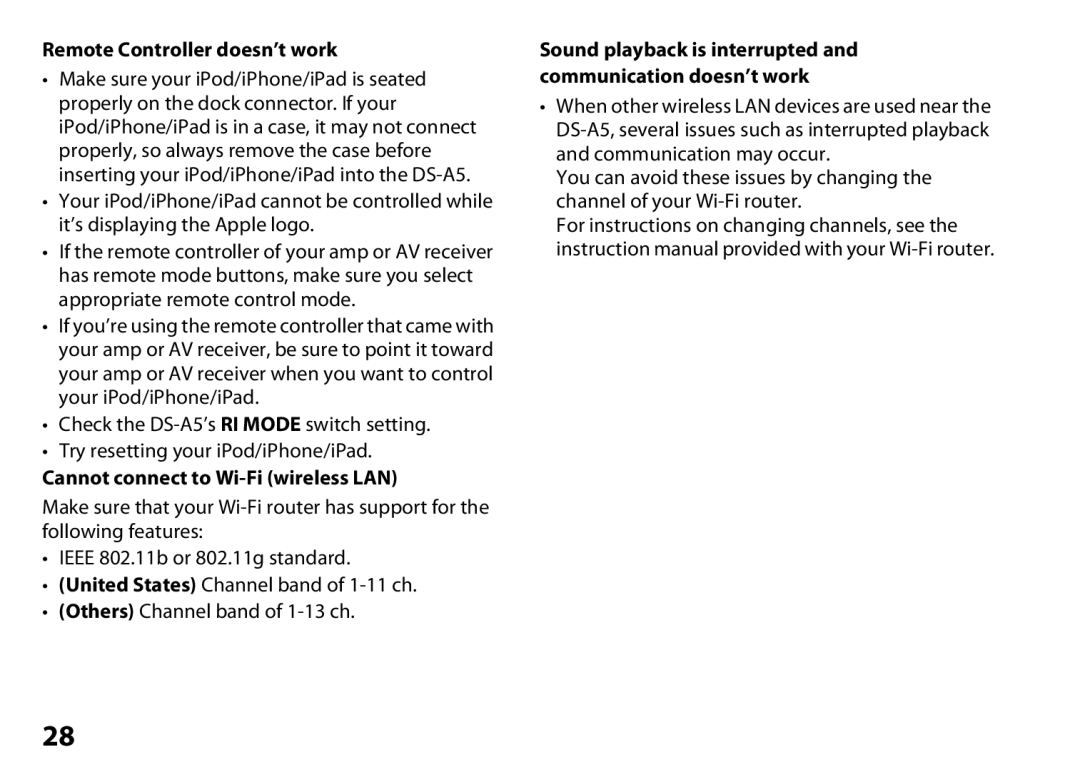 Onkyo DS-A5 instruction manual Remote Controller doesn’t work, Cannot connect to Wi-Fi wireless LAN 