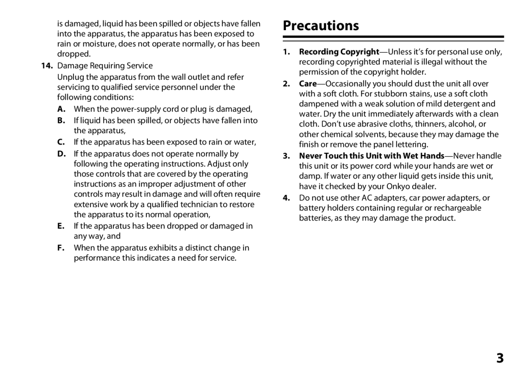 Onkyo DS-A5 instruction manual Precautions 