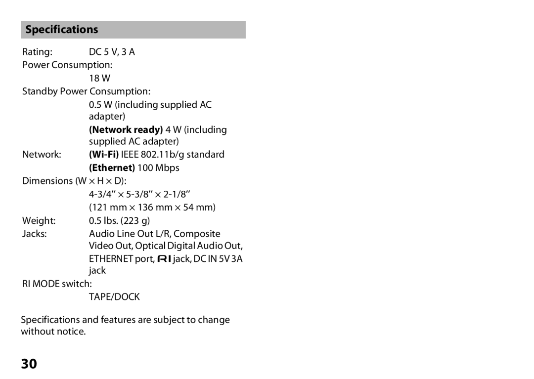 Onkyo DS-A5 instruction manual Specifications 