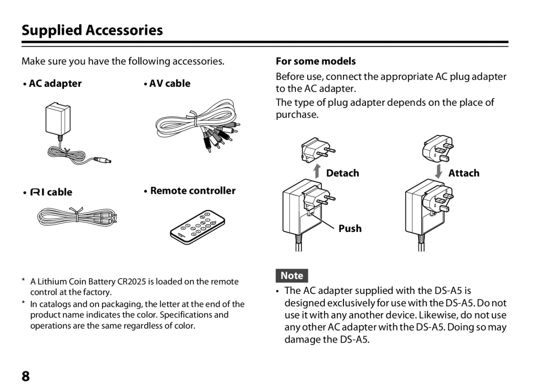 Onkyo DS-A5 instruction manual Supplied Accessories, AC adapter, Ucable, For some models, Detach Attach Push 