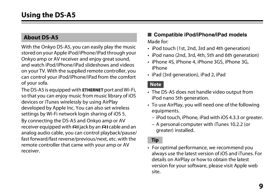 Onkyo instruction manual Using the DS-A5, About DS-A5, Compatible iPod/iPhone/iPad models, Tip 