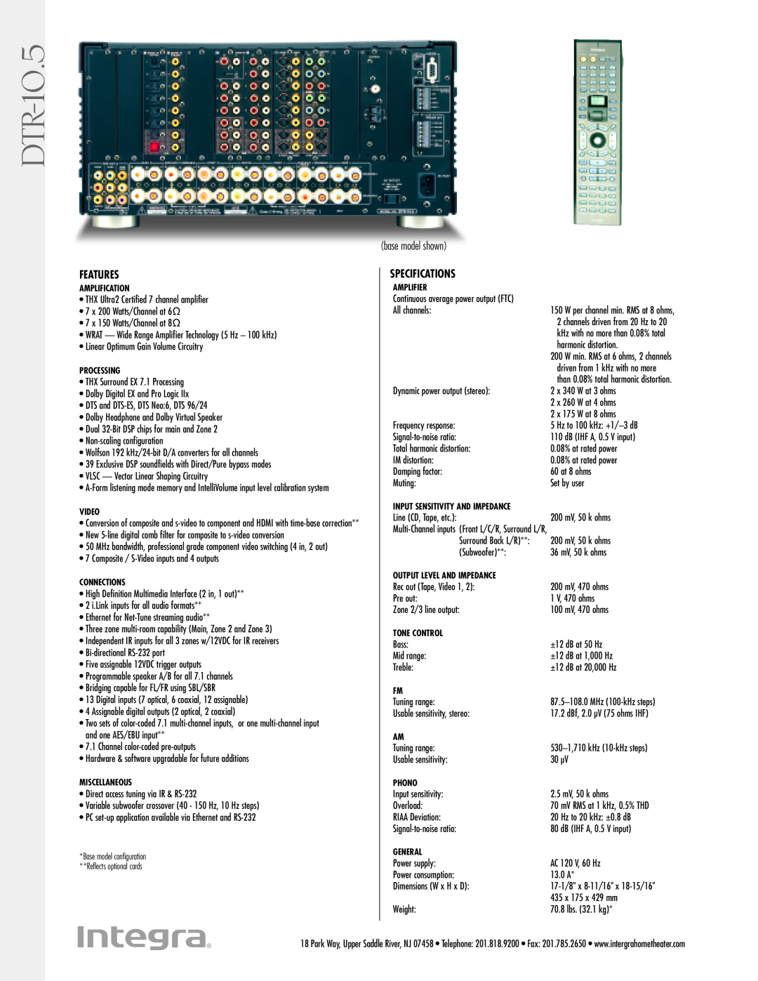 Onkyo DTR-10.5 manual Features, base model shown 