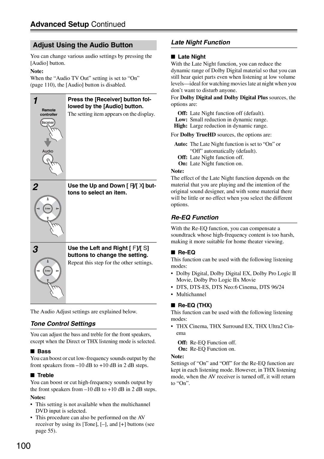 Onkyo DTR-7.9 100, Adjust Using the Audio Button, Tone Control Settings, Late Night Function, Re-EQ Function 