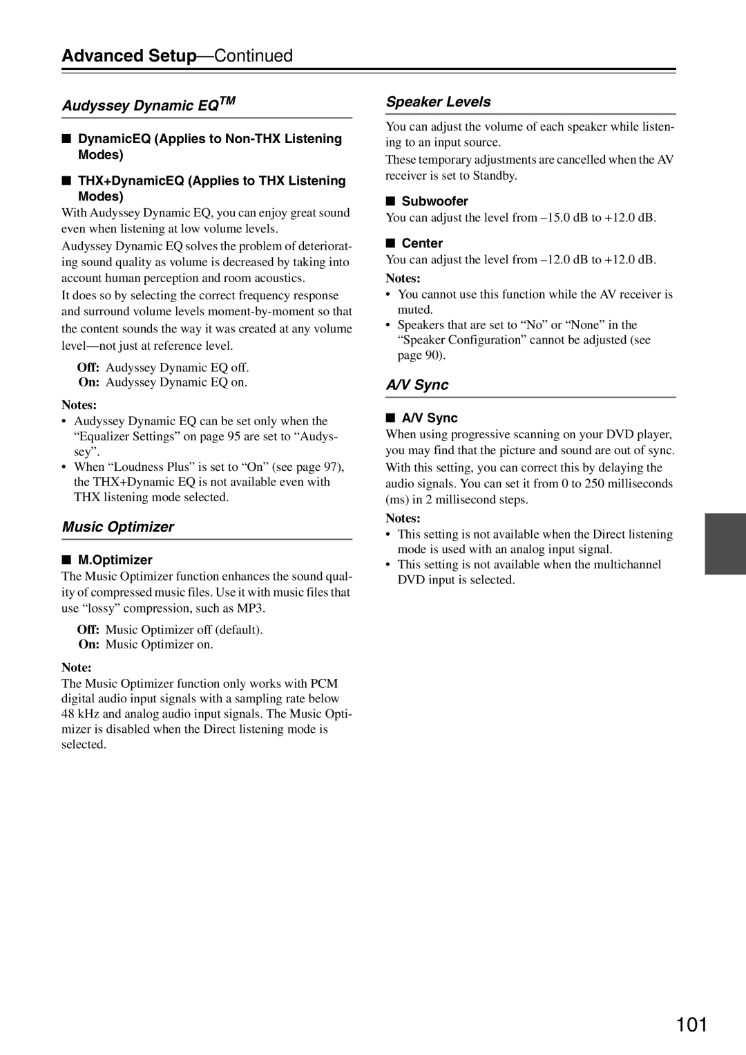 Onkyo DTR-7.9 instruction manual 101, Audyssey Dynamic Eqtm, Music Optimizer, Speaker Levels, Sync 