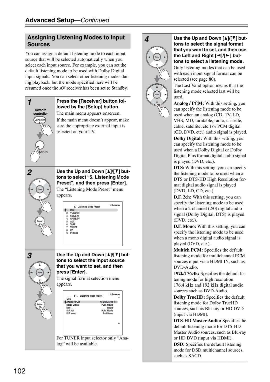 Onkyo DTR-7.9 instruction manual 102, Assigning Listening Modes to Input, Sources 