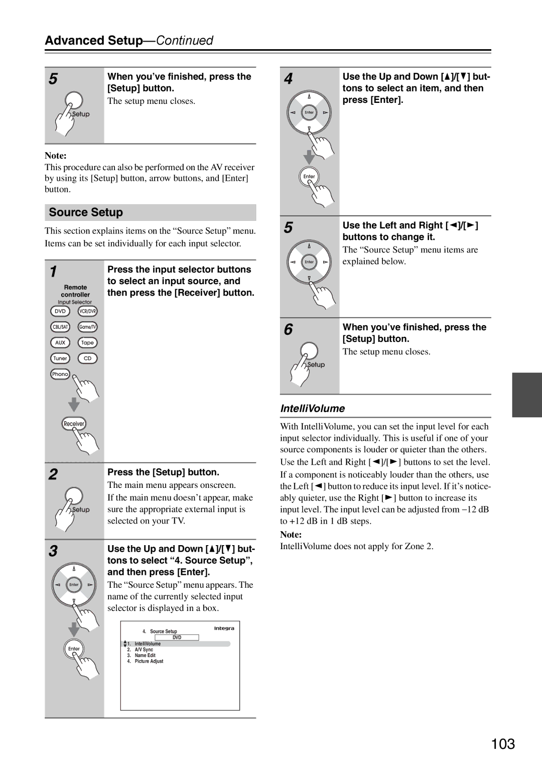 Onkyo DTR-7.9 instruction manual 103, Source Setup, IntelliVolume 