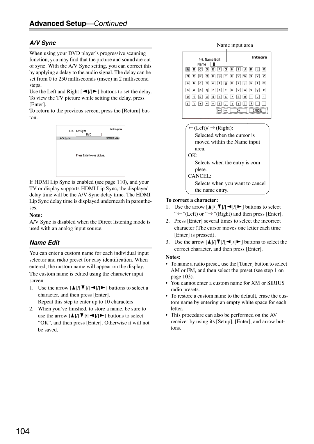 Onkyo DTR-7.9 instruction manual 104, Name Edit, Selects when you want to cancel the name entry, To correct a character 