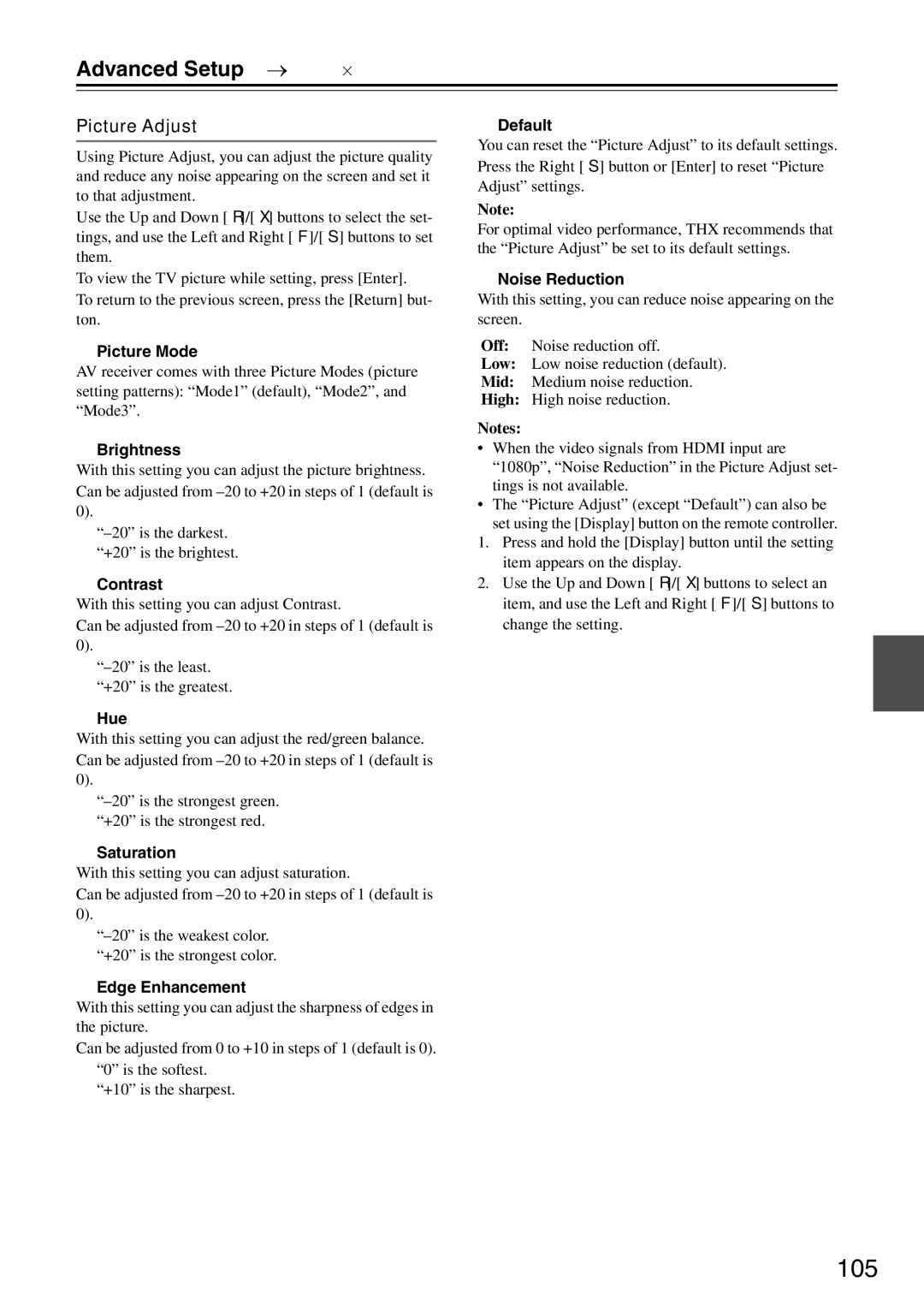 Onkyo DTR-7.9 instruction manual 105, Picture Adjust 