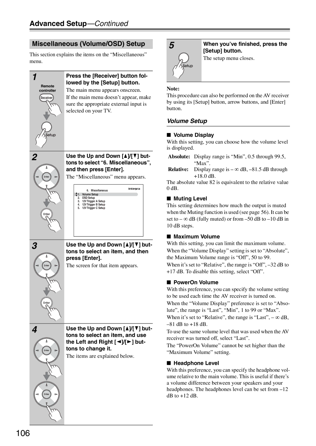 Onkyo DTR-7.9 instruction manual 106, Miscellaneous Volume/OSD Setup, Volume Setup 