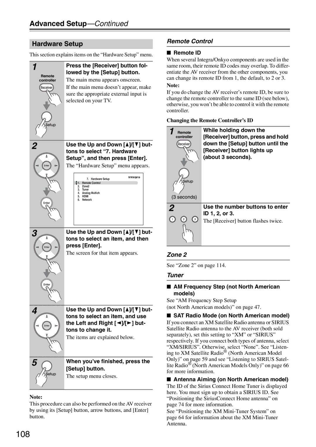 Onkyo DTR-7.9 instruction manual 108, Hardware Setup, Remote Control, Zone, Tuner 