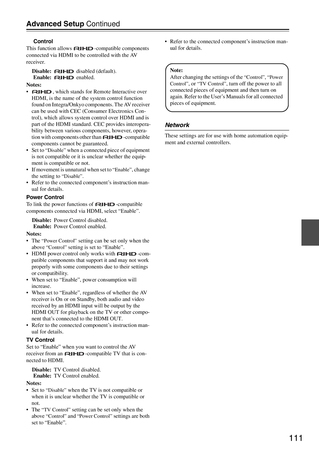 Onkyo DTR-7.9 instruction manual 111, Network, Power Control, TV Control 