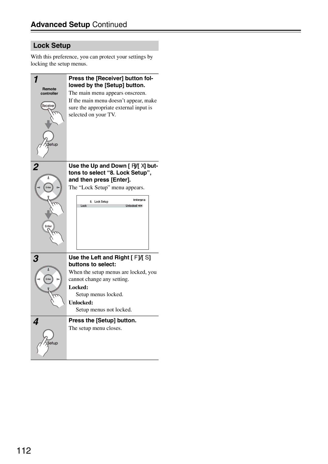 Onkyo DTR-7.9 instruction manual 112, Tons to select 8. Lock Setup 