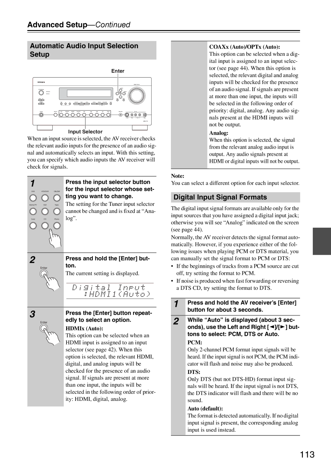 Onkyo DTR-7.9 instruction manual 113, Automatic Audio Input Selection Setup, Digital Input Signal Formats 