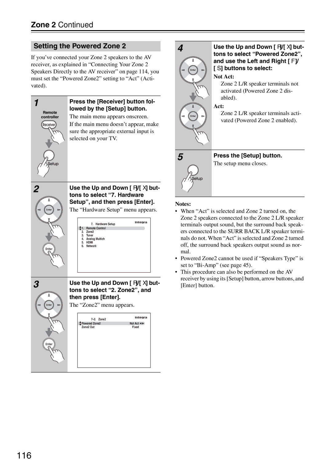 Onkyo DTR-7.9 instruction manual 116, Setting the Powered Zone, Tons to select 2. Zone2 