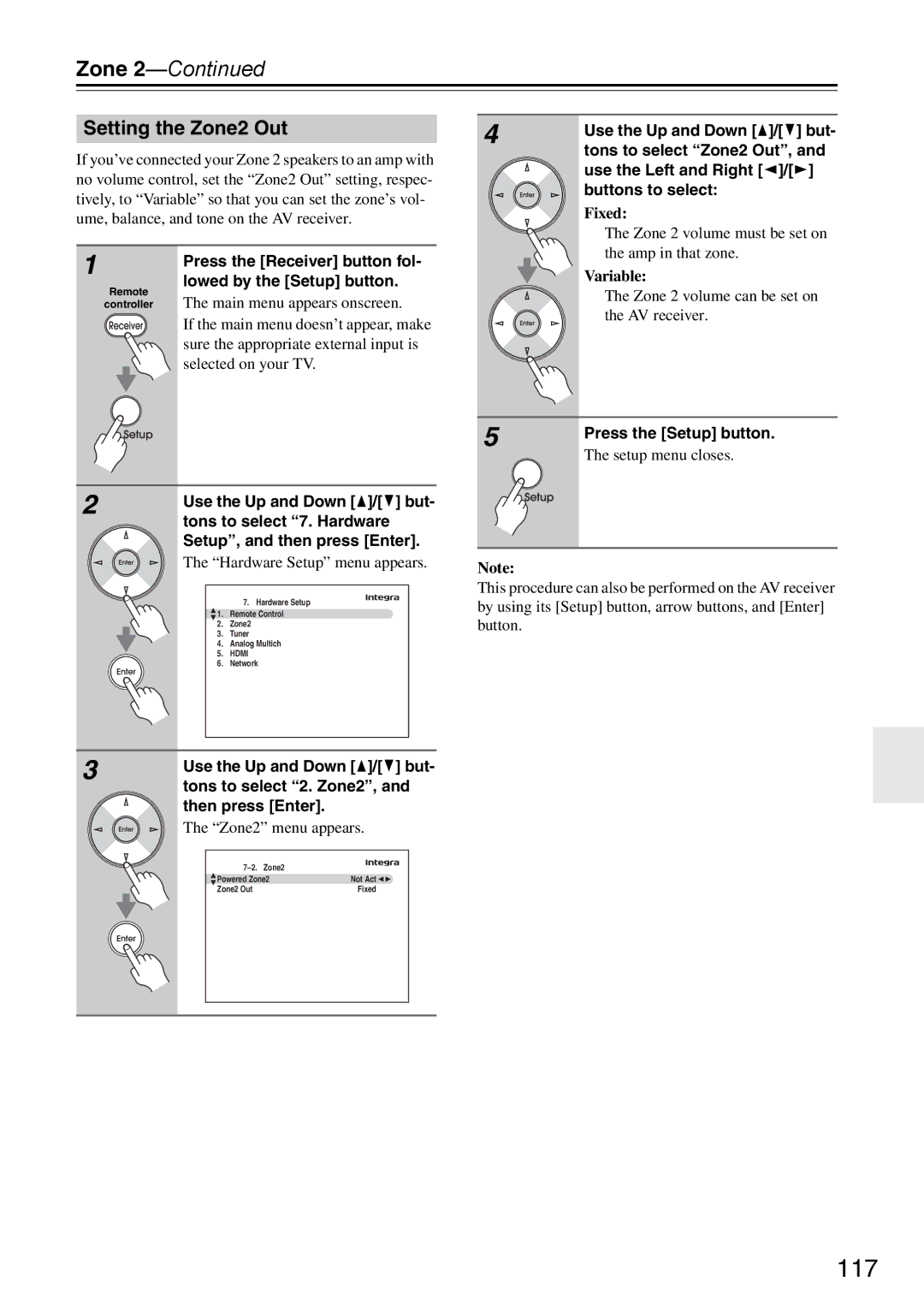 Onkyo DTR-7.9 instruction manual 117, Setting the Zone2 Out, Fixed, Variable 