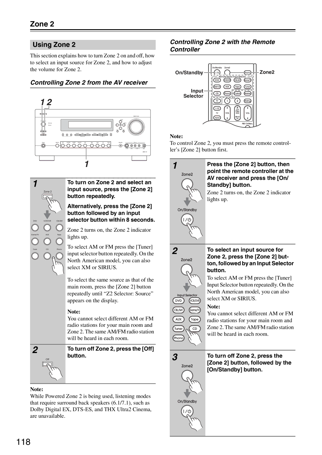 Onkyo DTR-7.9 118, Using Zone, Controlling Zone 2 from the AV receiver, Controlling Zone 2 with the Remote Controller 