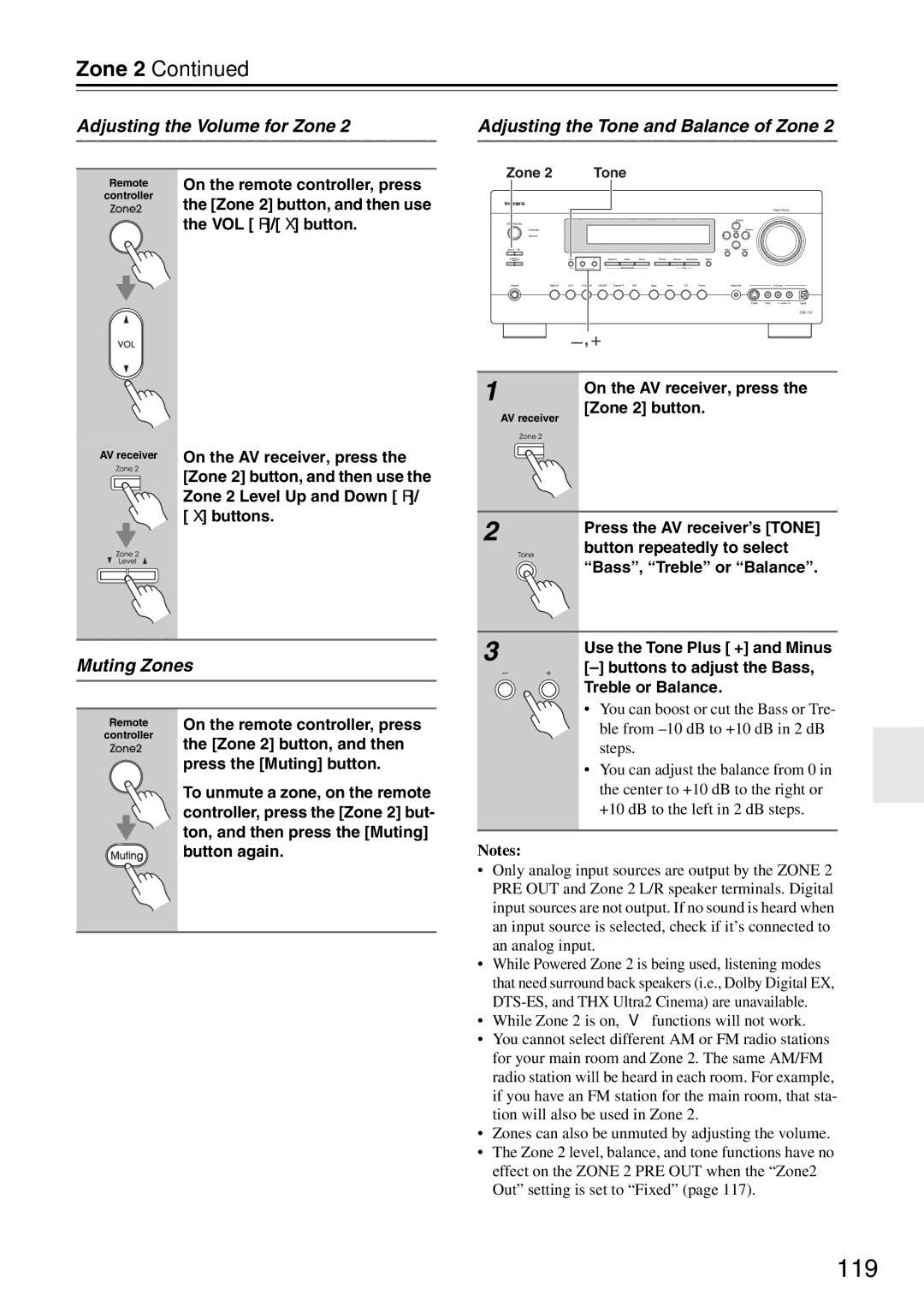 Onkyo DTR-7.9 instruction manual 119, Adjusting the Volume for Zone, Muting Zones, Adjusting the Tone and Balance of Zone 