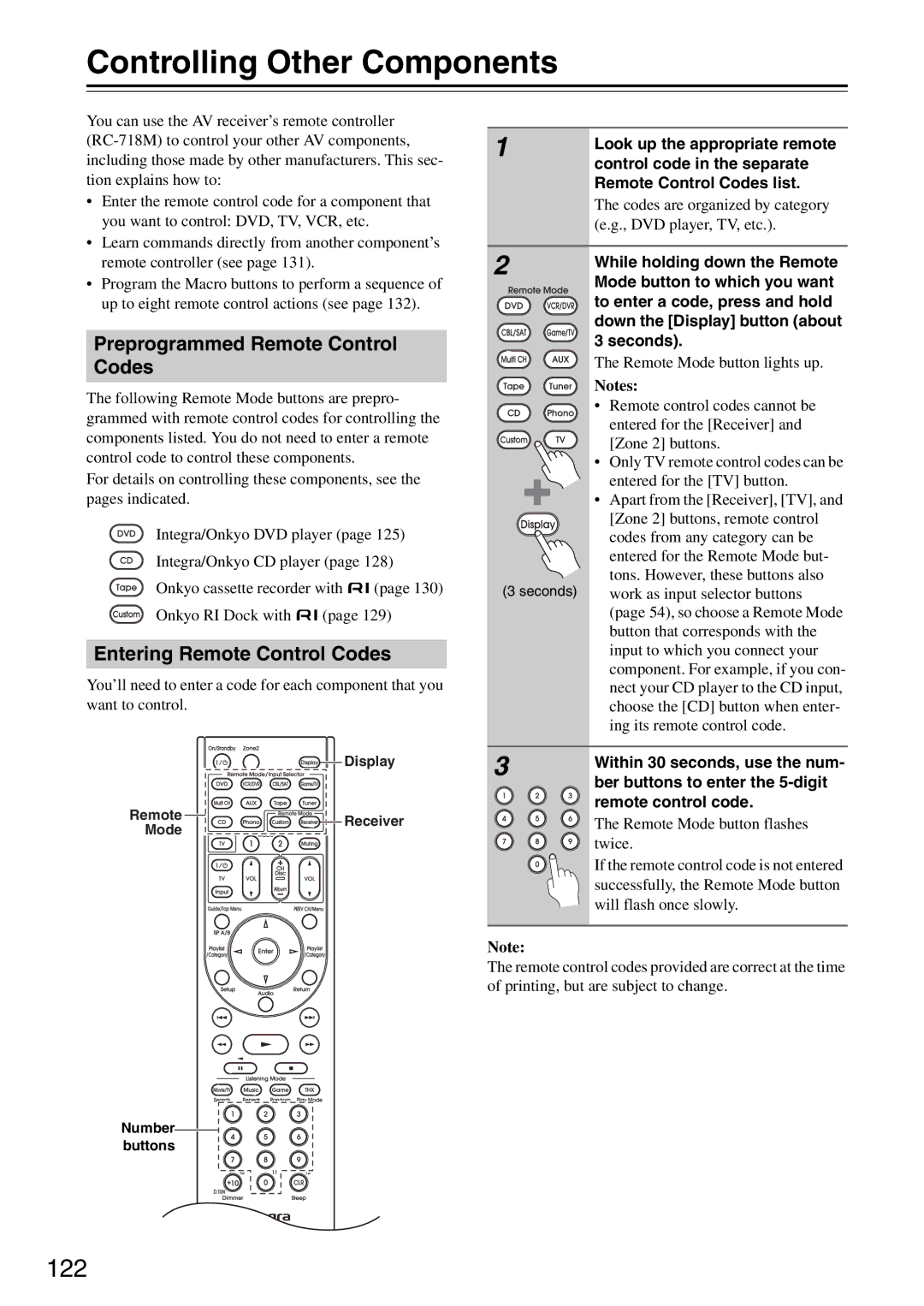 Onkyo DTR-7.9 Controlling Other Components, 122, Preprogrammed Remote Control Codes, Entering Remote Control Codes 