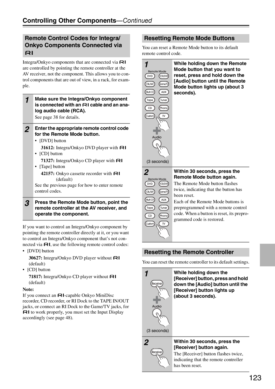 Onkyo DTR-7.9 123, Controlling Other Components, Resetting Remote Mode Buttons, Resetting the Remote Controller 