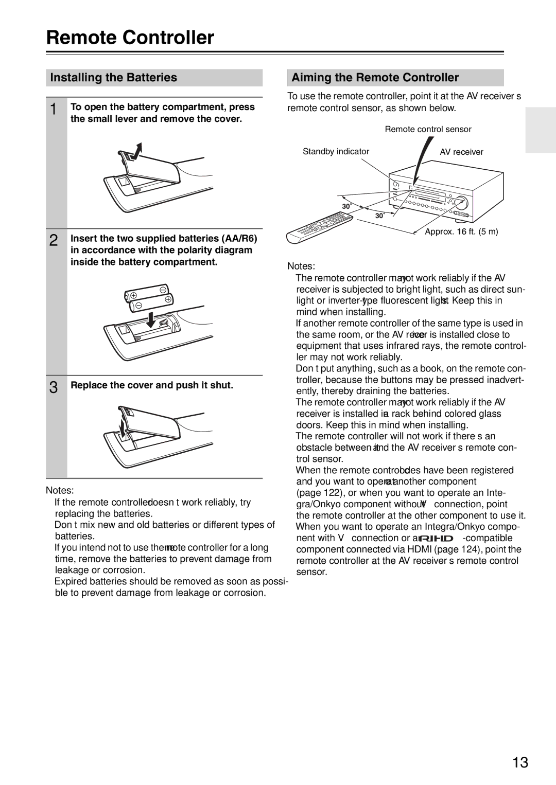 Onkyo DTR-7.9 instruction manual Installing the Batteries, Aiming the Remote Controller 