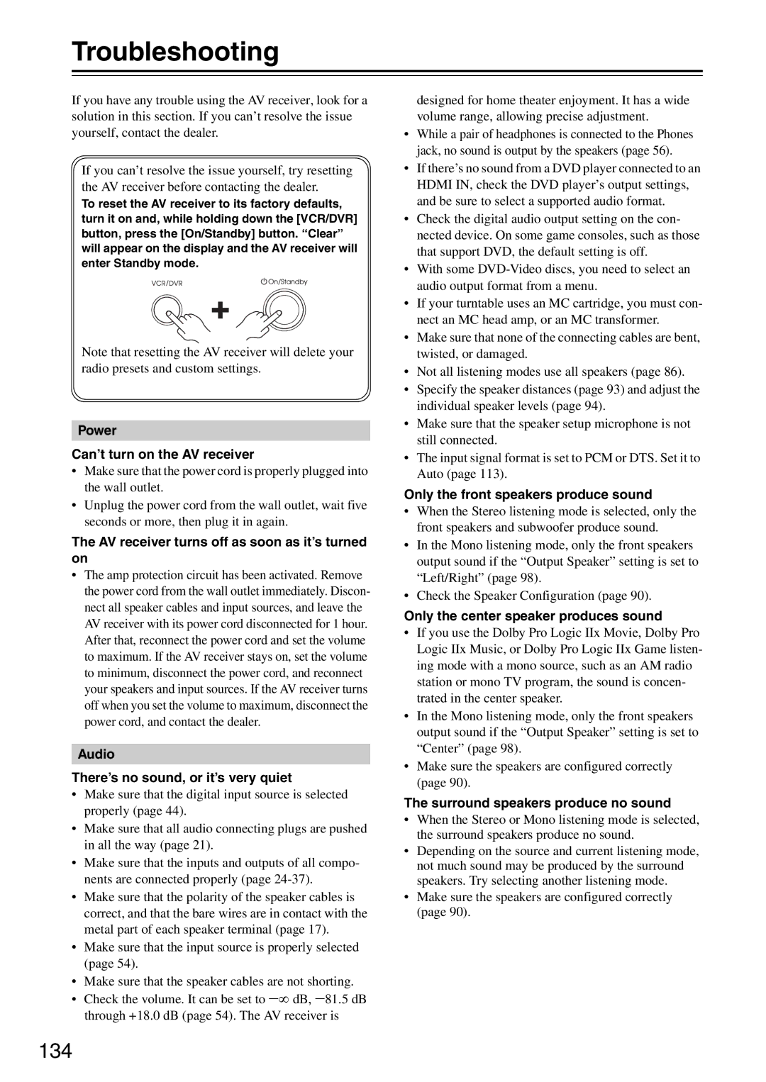 Onkyo DTR-7.9 instruction manual Troubleshooting, 134 