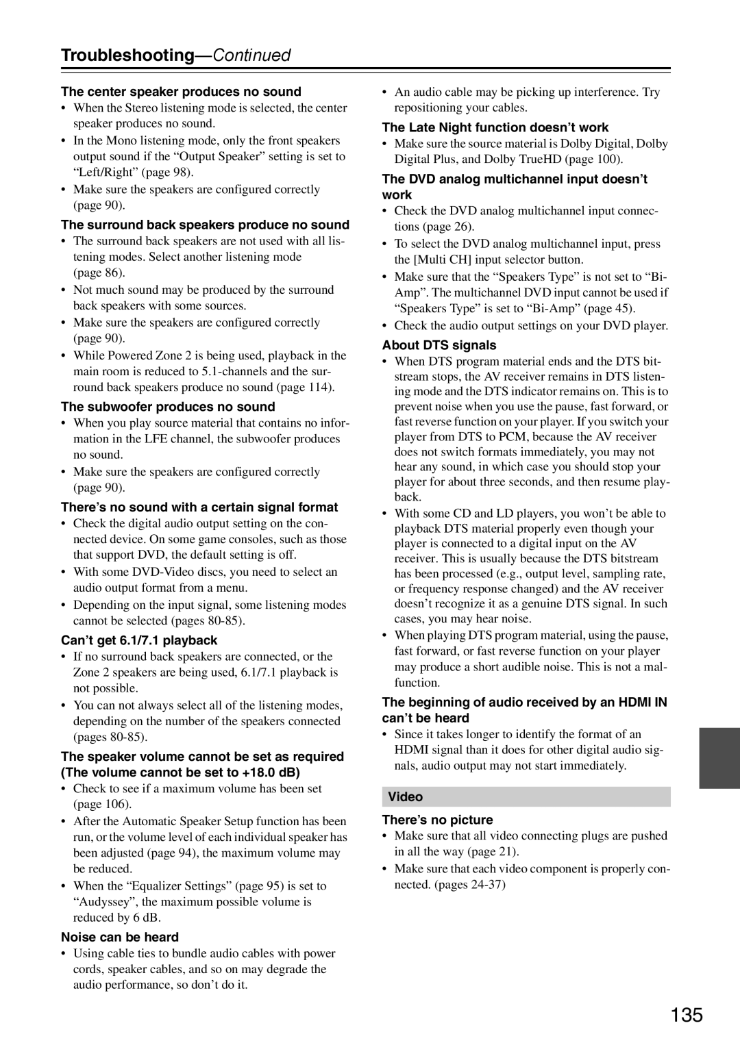 Onkyo DTR-7.9 instruction manual 135, Troubleshooting 