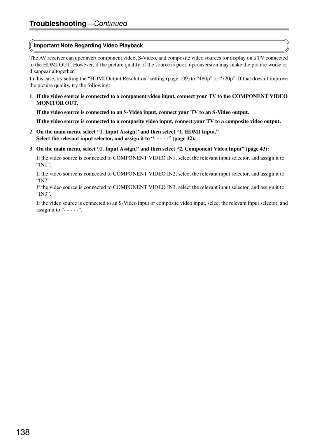 Onkyo DTR-7.9 instruction manual 138, Important Note Regarding Video Playback 