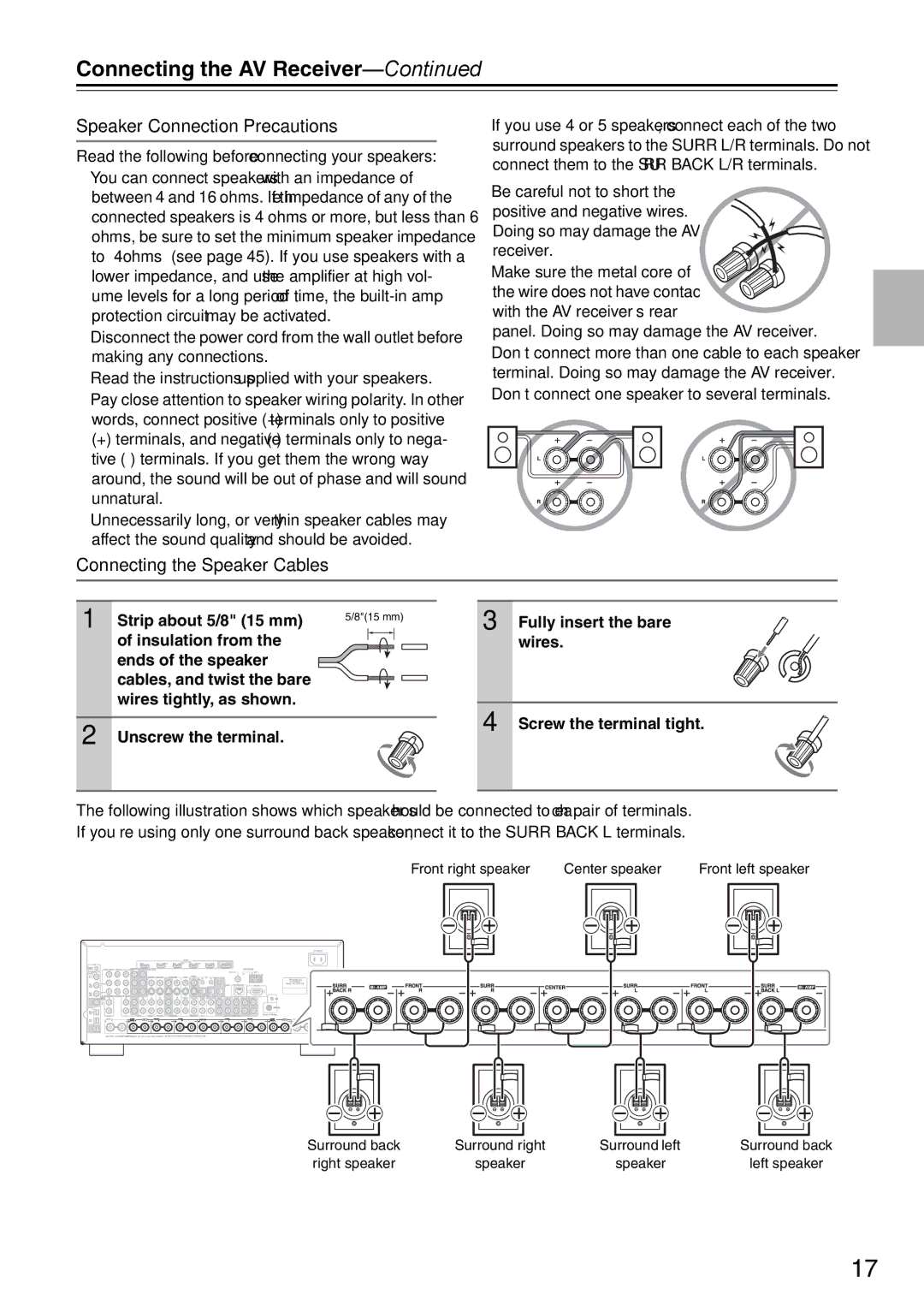 Onkyo DTR-7.9 instruction manual Connecting the AV Receiver, Speaker Connection Precautions, Connecting the Speaker Cables 