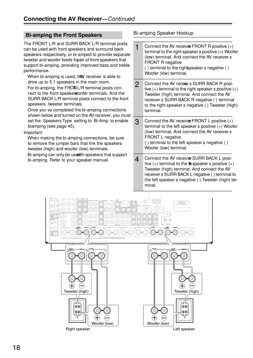 Onkyo DTR-7.9 instruction manual Bi-amping the Front Speakers, Bi-amping Speaker Hookup 