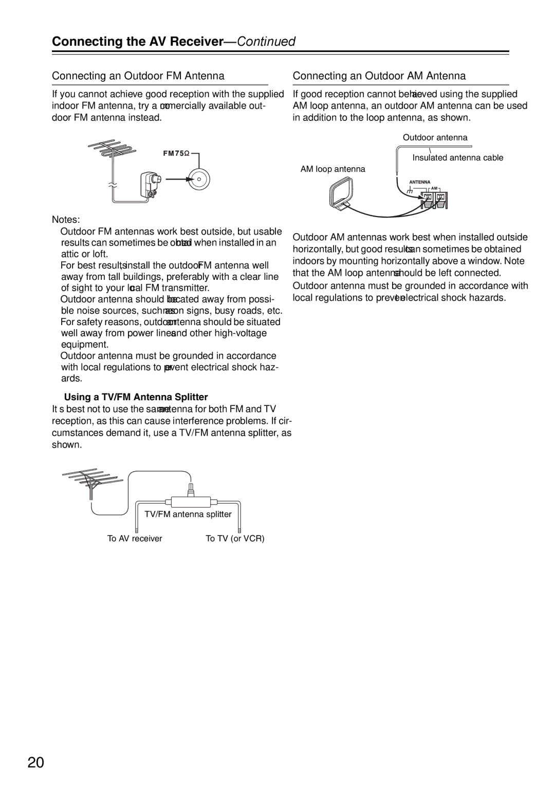 Onkyo DTR-7.9 Connecting an Outdoor FM Antenna, Connecting an Outdoor AM Antenna, Using a TV/FM Antenna Splitter 