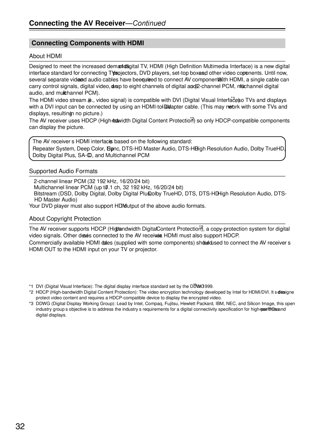 Onkyo DTR-7.9 Connecting Components with Hdmi, About Hdmi, Supported Audio Formats, About Copyright Protection 