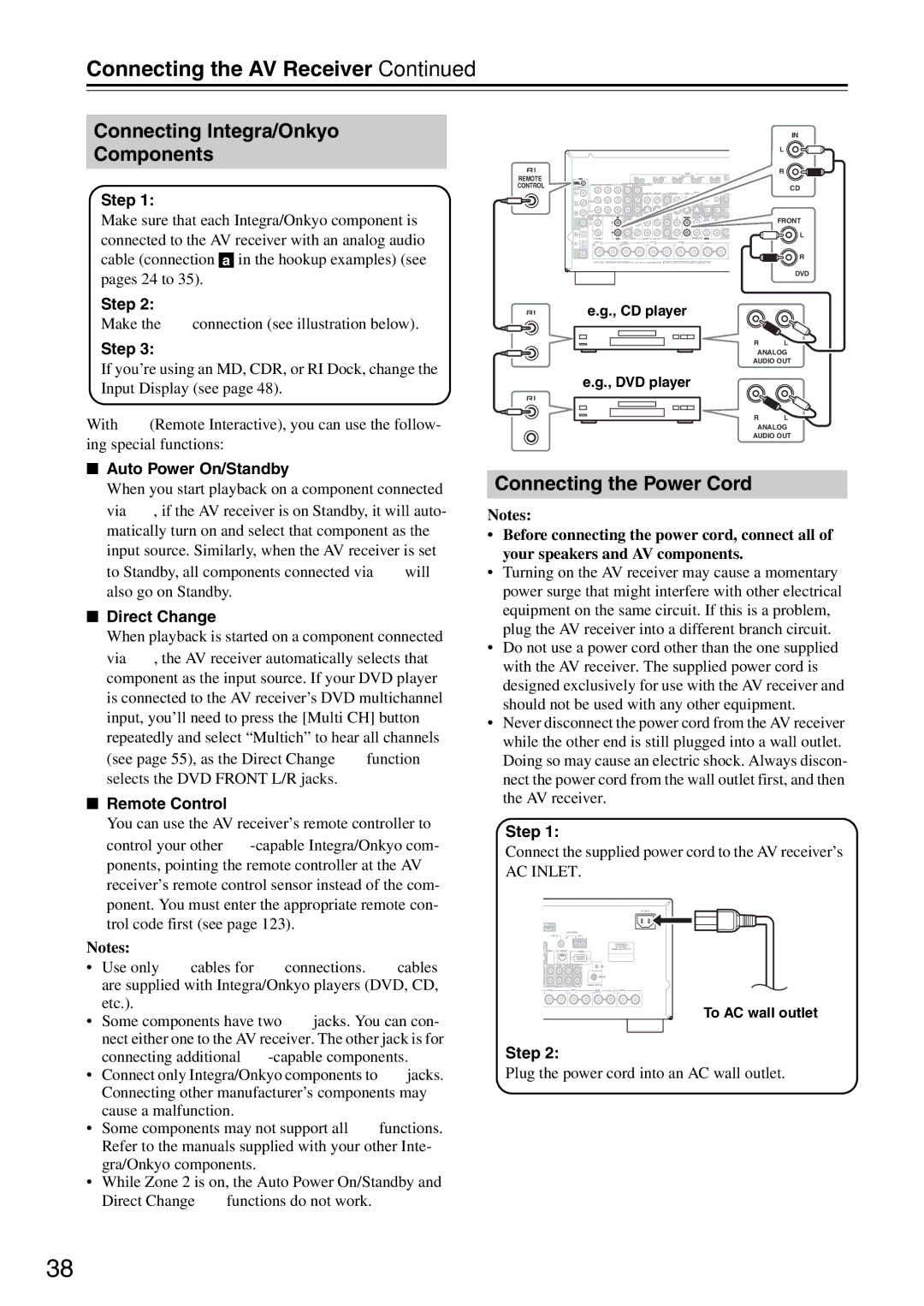 Onkyo DTR-7.9 Connecting Integra/Onkyo u Components, Connecting the Power Cord, Auto Power On/Standby, Direct Change 