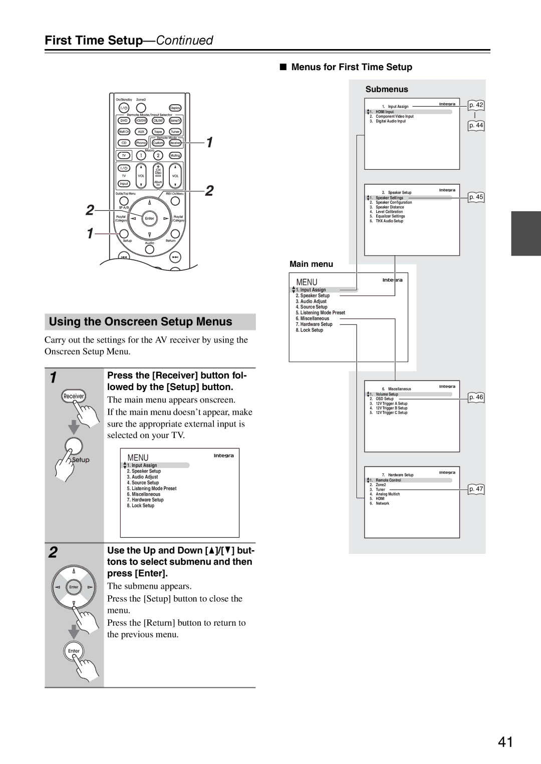 Onkyo DTR-7.9 instruction manual Using the Onscreen Setup Menus, Menus for First Time Setup 