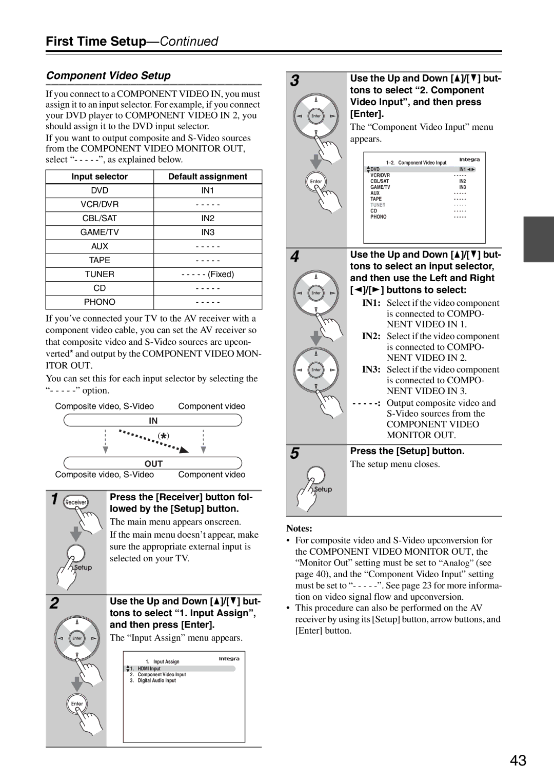 Onkyo DTR-7.9 instruction manual Component Video Setup, Tons to select 2. Component, Video Input, and then press, Enter 