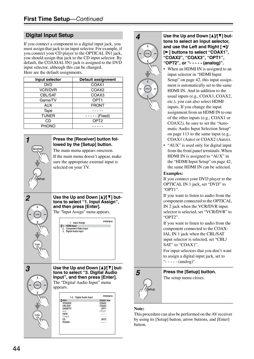 Onkyo DTR-7.9 instruction manual Digital Input Setup, Tons to select 1. Input Assign, Tons to select 3. Digital Audio 