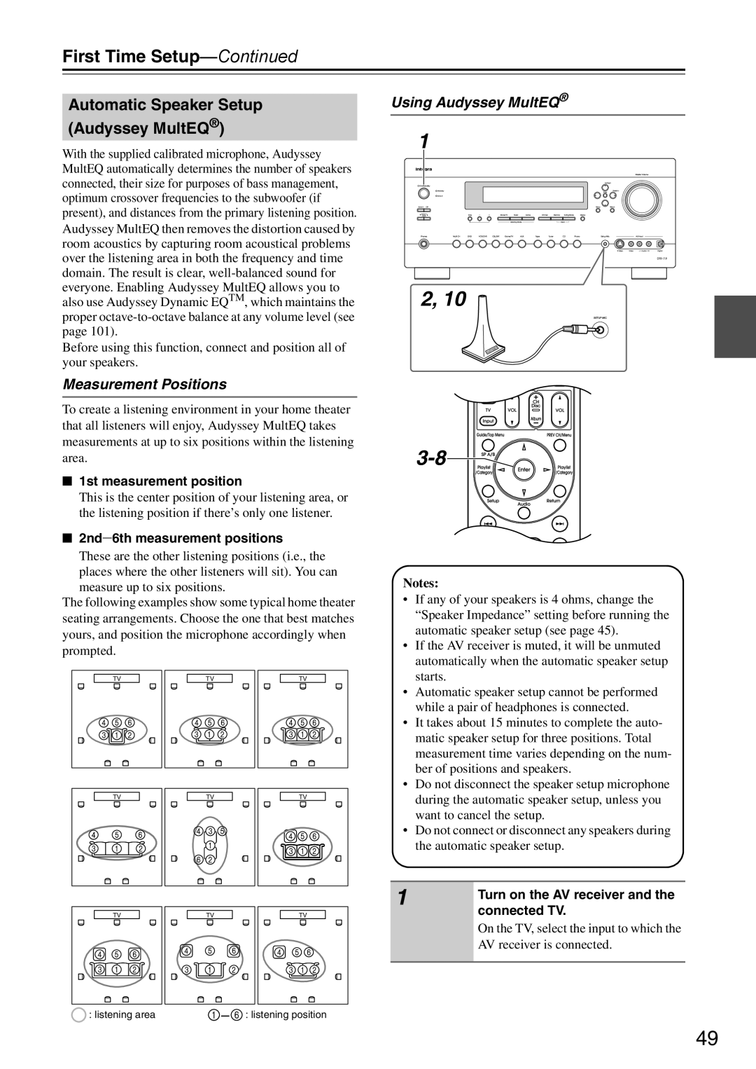 Onkyo DTR-7.9 instruction manual Automatic Speaker Setup Audyssey MultEQ, Measurement Positions, Using Audyssey MultEQ 