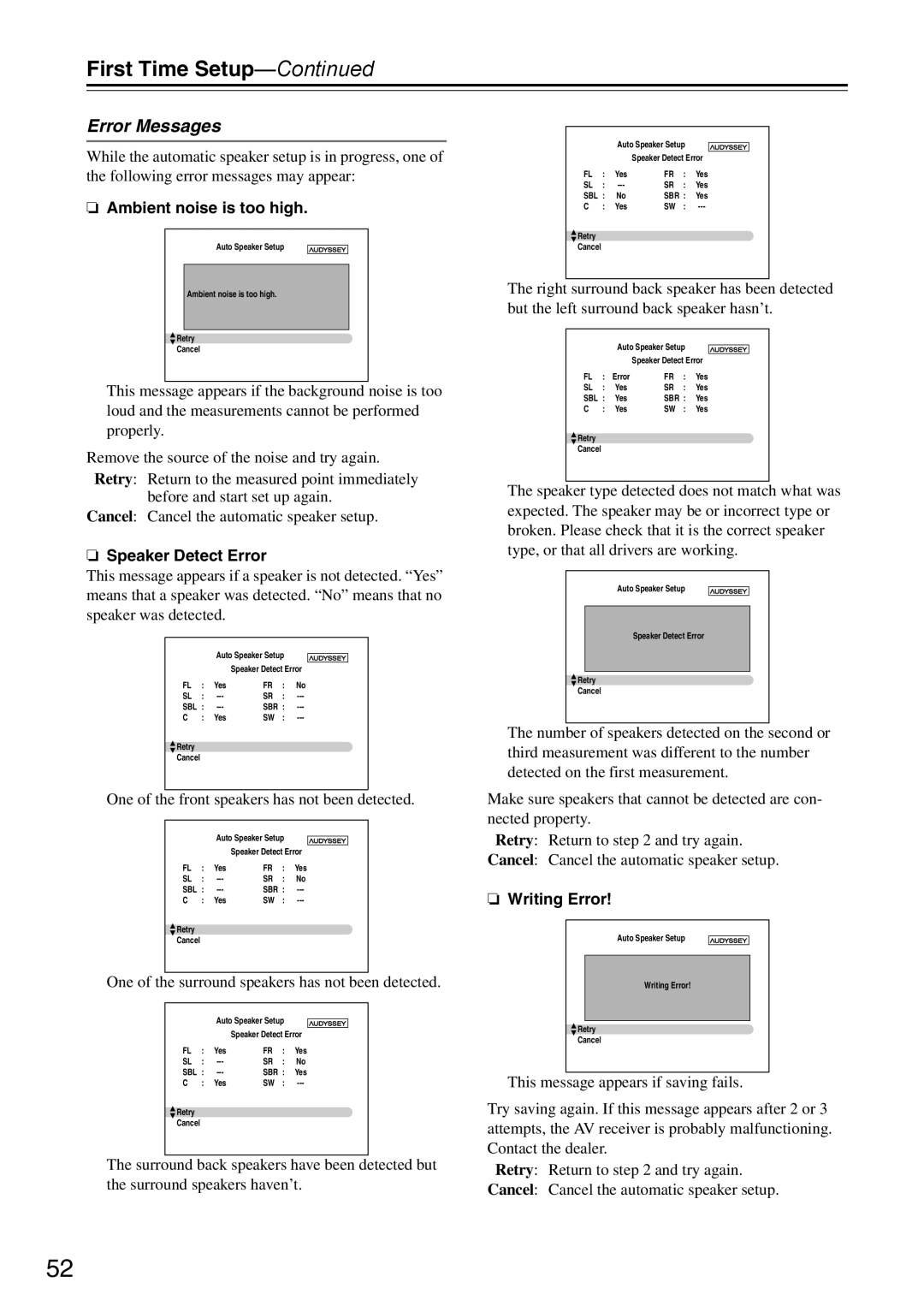 Onkyo DTR-7.9 instruction manual Error Messages, Ambient noise is too high, Speaker Detect Error, Writing Error 