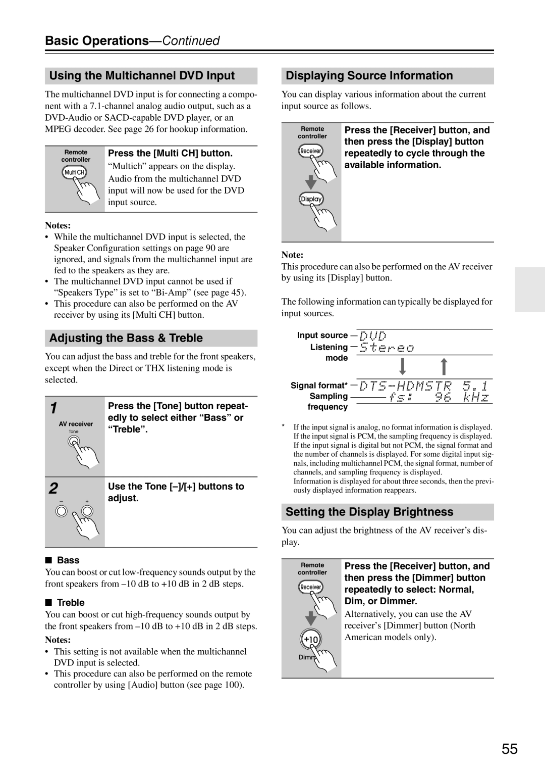 Onkyo DTR-7.9 instruction manual Basic Operations, Using the Multichannel DVD Input, Adjusting the Bass & Treble 