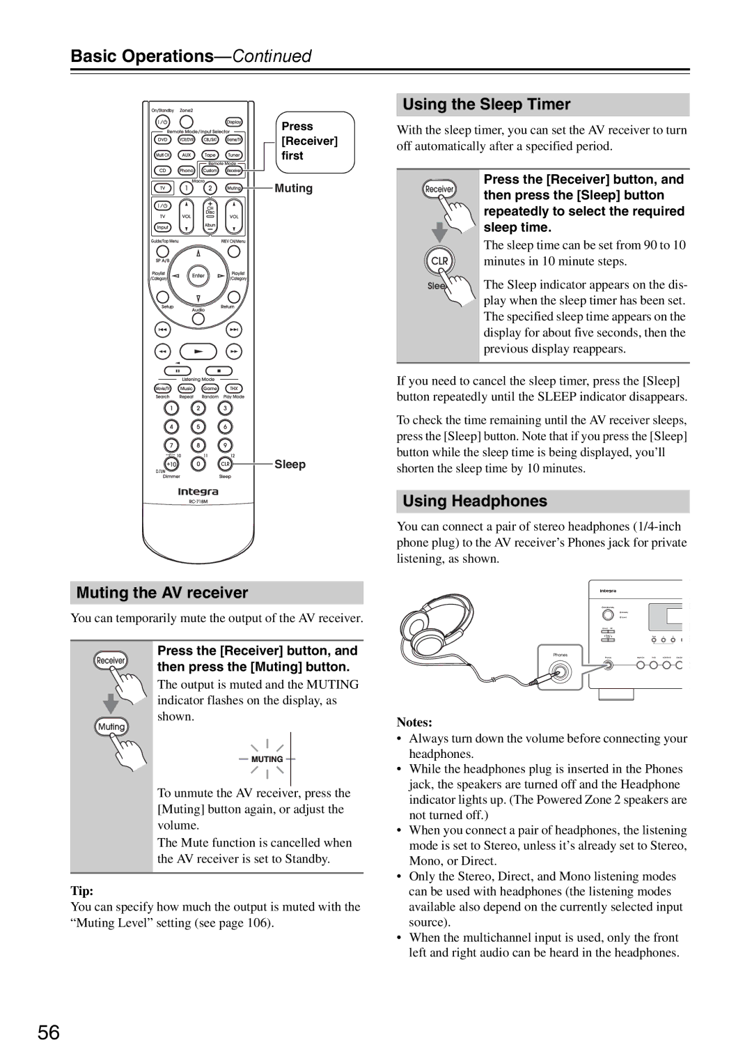 Onkyo DTR-7.9 instruction manual Muting the AV receiver, Using the Sleep Timer, Using Headphones, Tip 